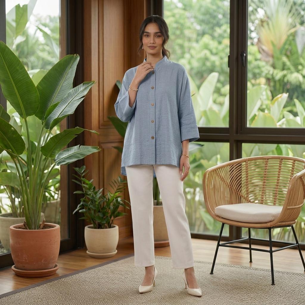 AERIN Blouse Free Size - Cotton Linen 3/4 Sleeve With Wooded Button Fashion Wanita Muslimah
