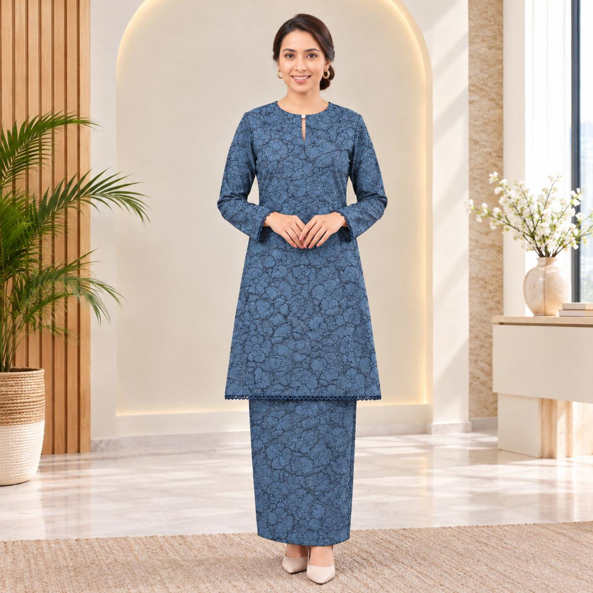 SERI KENCANA Kurung Riau Floral - Sutera Vietnam With Premium Lace - Modest Fashion Wanita Muslimah