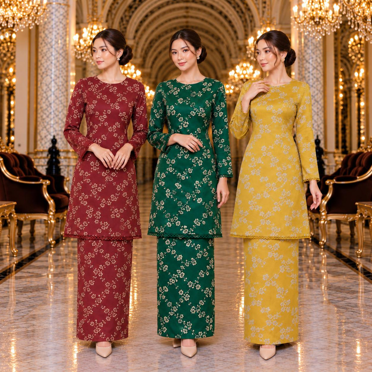 SEROJA Kurung Riau Floral – Baju Kurung Wanita Lace Lengan Panjang Kain Kipas Belakang – Modest Fashion Muslimah