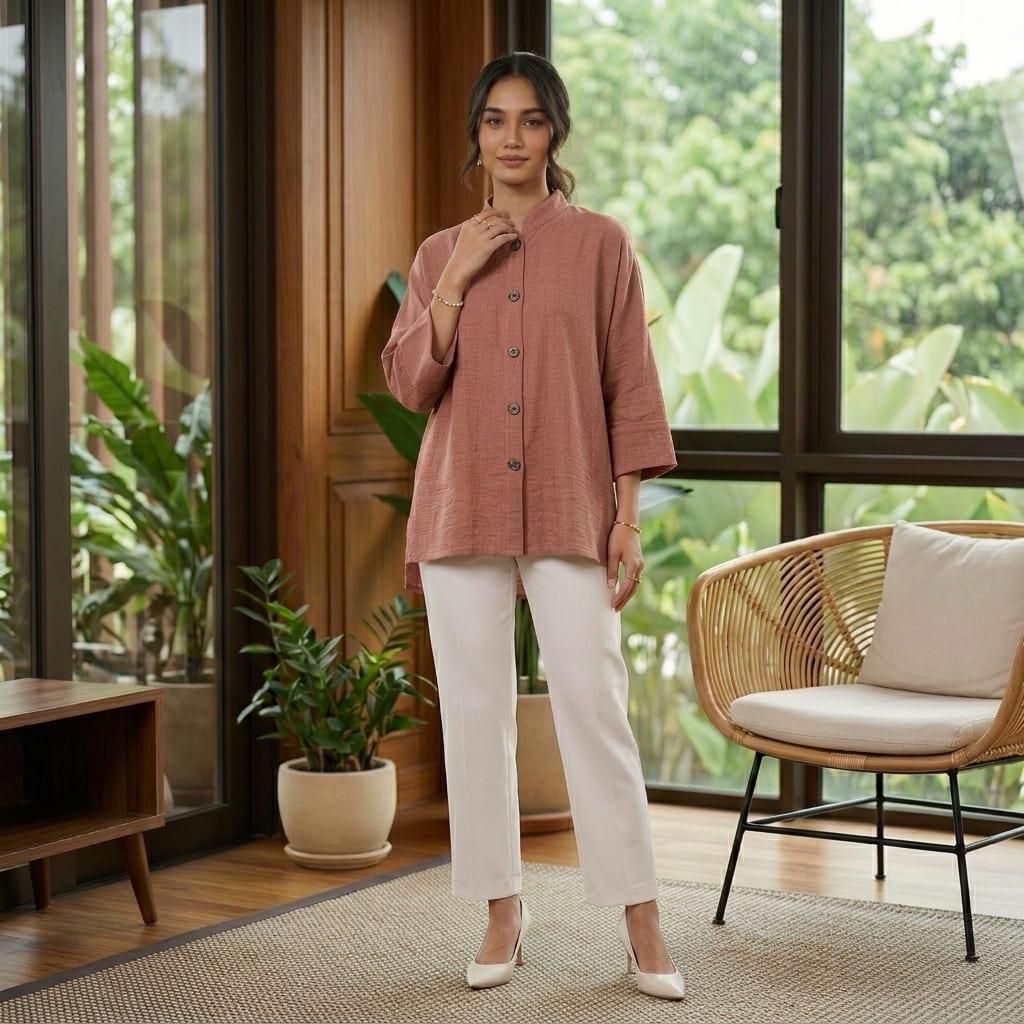 AERIN Blouse Free Size - Cotton Linen 3/4 Sleeve With Wooded Button Fashion Wanita Muslimah