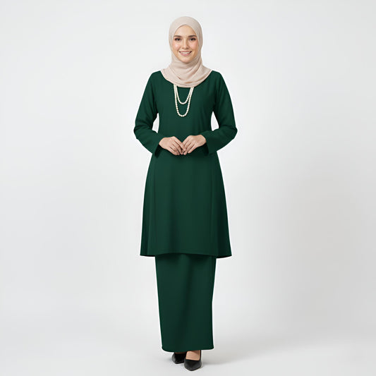 Baju Kurung Pahang Pesak (Emerald Green) Plain Cotton Crepe Ironless