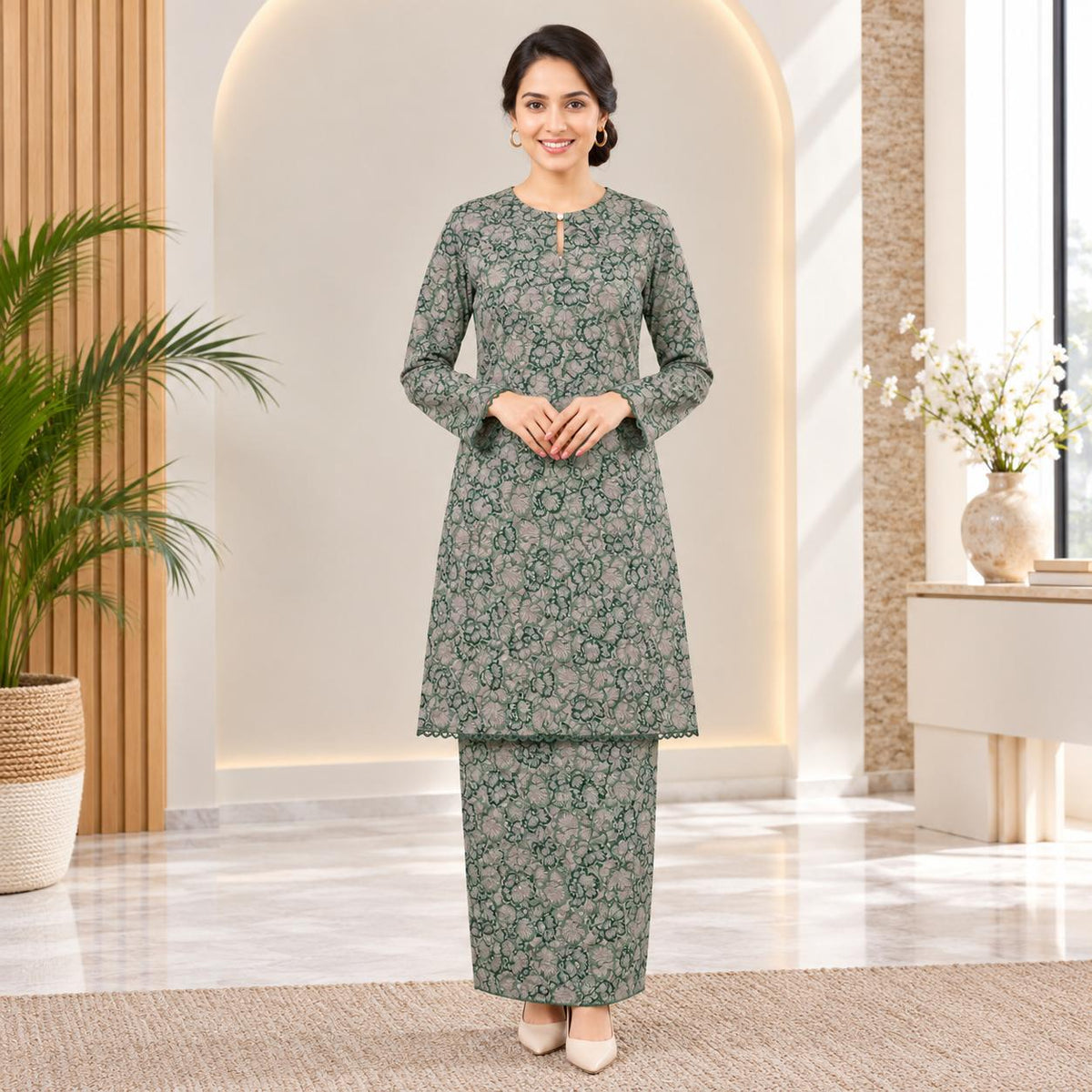 SERI KENCANA Kurung Riau Floral - Sutera Vietnam With Premium Lace - Modest Fashion Wanita Muslimah