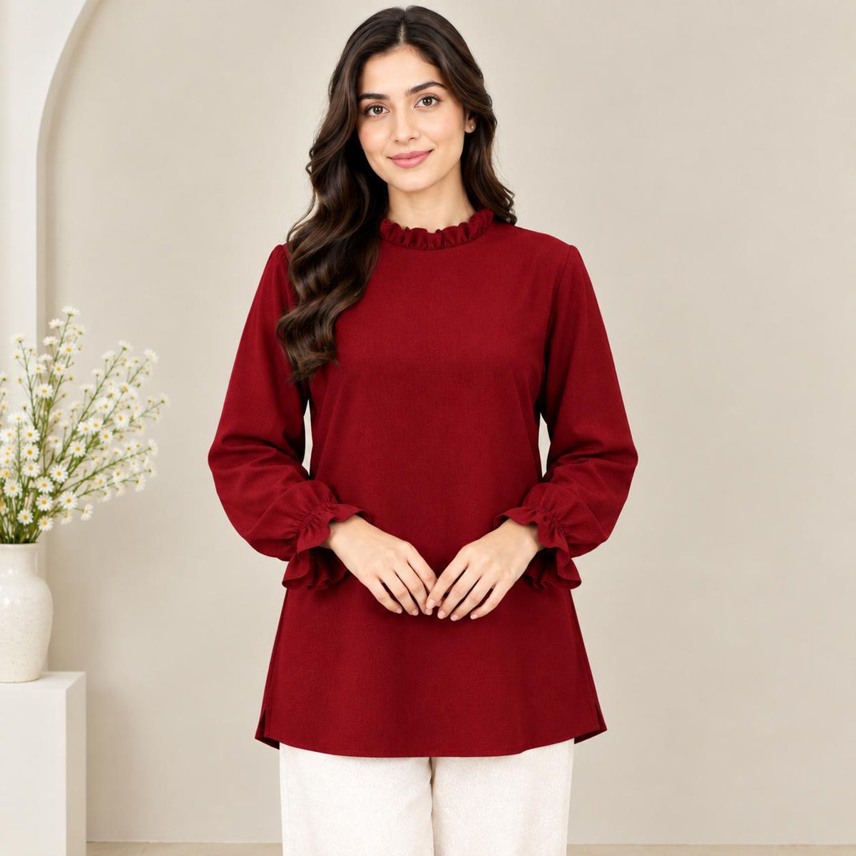 LYANA Ruffle Blouse – Blouse Wanita Leher Ropol Lengan Panjang Zip Belakang – Modest Fashion Muslimah
