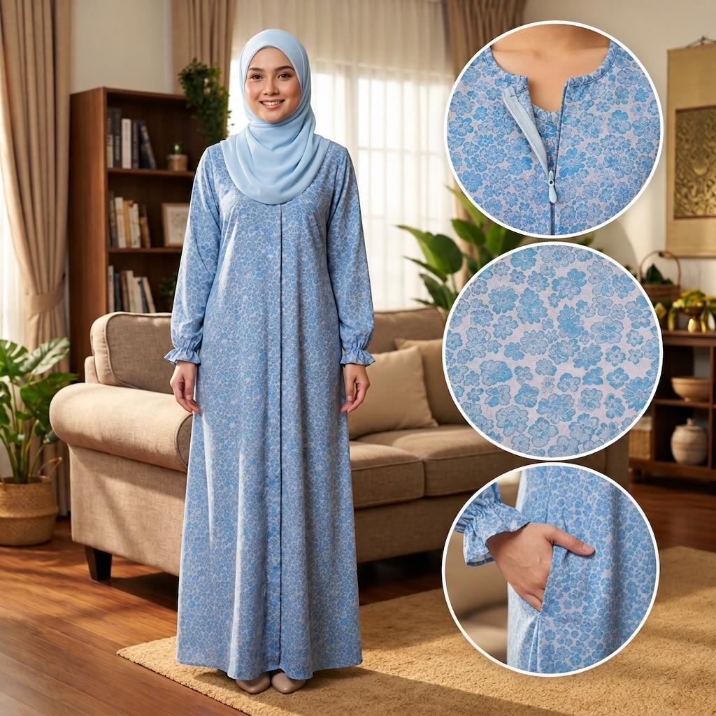 LARISA Jubbah Floral - Satin Sutera Vietnam - Side Pocket - Casual Wear Fashion Wanita Muslimah