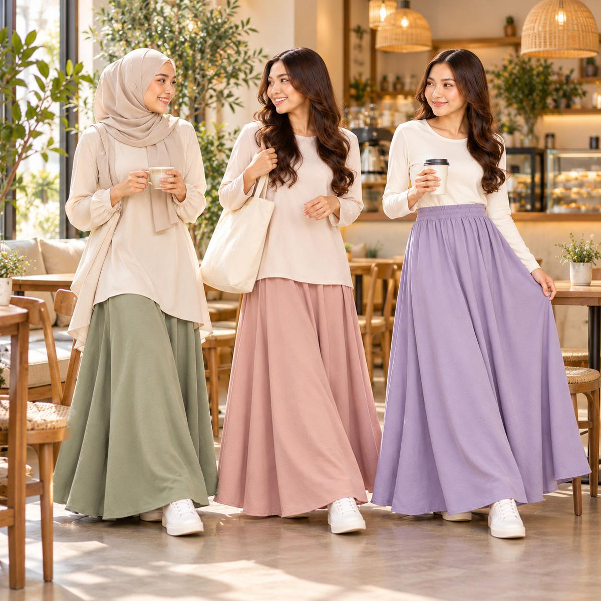 AINA Maxi Skirt – Skirt Labuh Kembang Pinggang Getah – Long Flowy Skirt Modest Fashion Wanita Muslimah