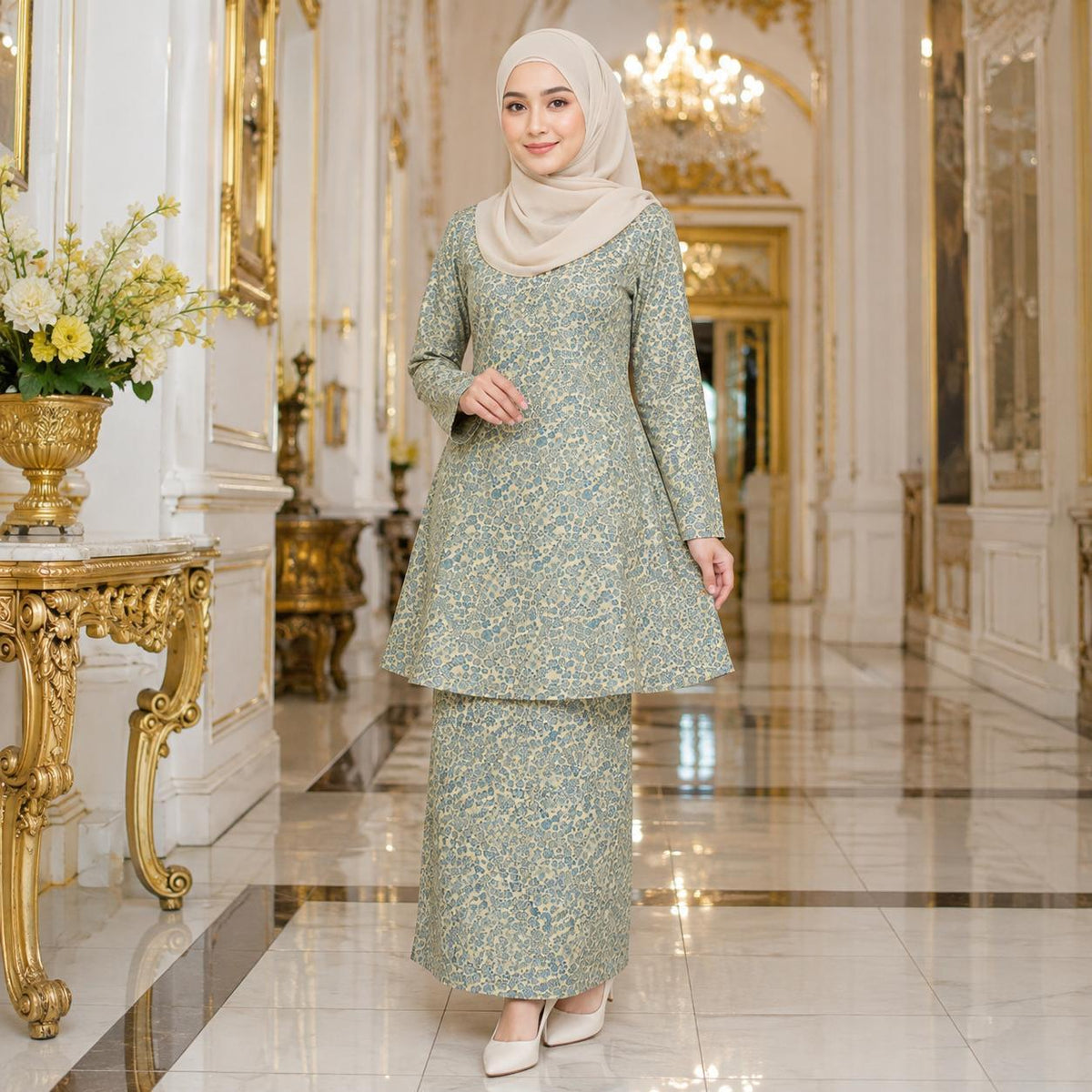 Ayu Lestari Kurung Riau - Vellore Brocade Floral - Kain Kipas Belakang - Fashion Wanita Muslimah