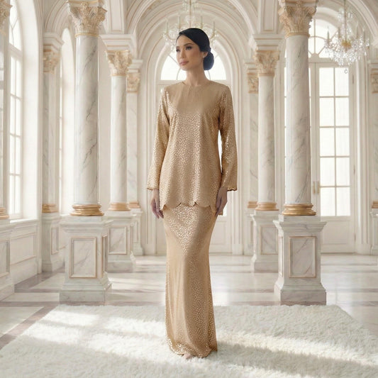 Aryana  Mini Kurung Royal Satin Dot Embossed (Beige)
