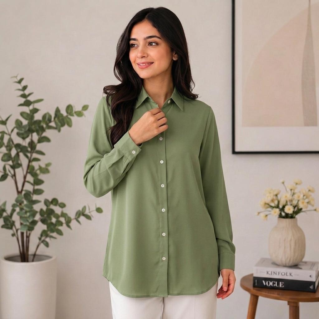 AURELIA Blouse Premium Satin-Touch Long Sleeve Button-Down Collar Plus Size Blouse for Women Fashion Muslimah