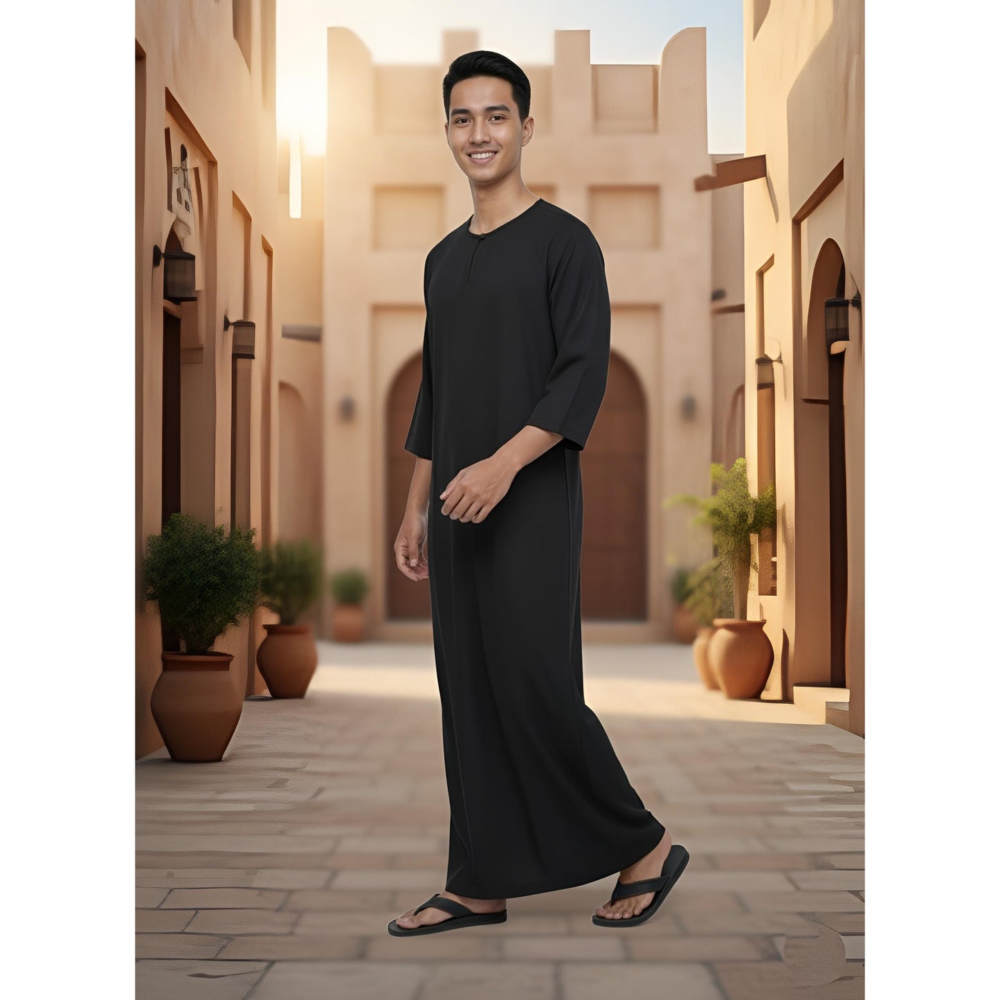 Jubah Lelaki Lengan Pendek Round Neck One Button 3/4 Sleeve (Maroon)
