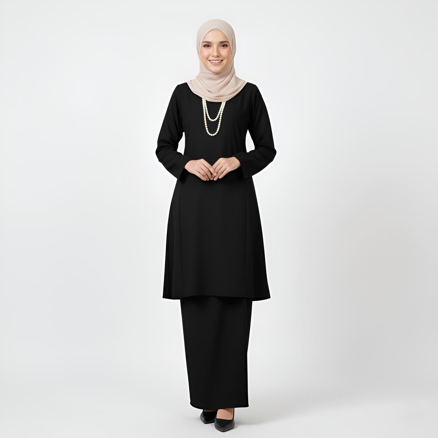 Baju Kurung Pahang Pesak (Black) Plain Cotton Crepe Ironless