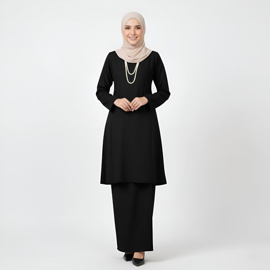 Baju Kurung Pahang Pesak (Black) Plain Cotton Crepe Ironless