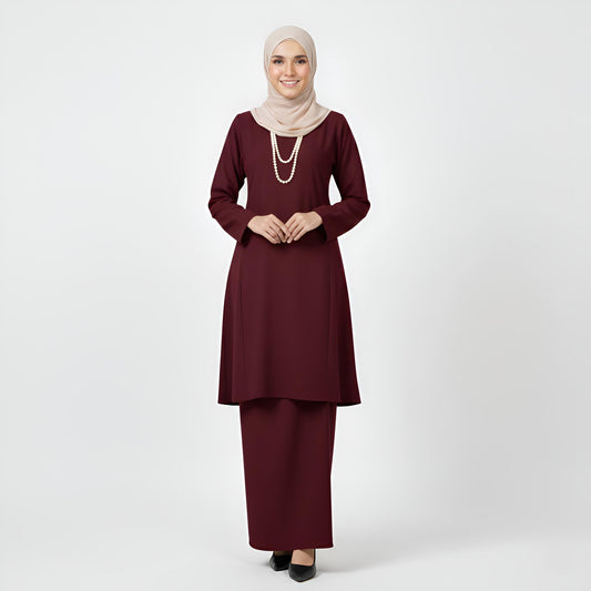Baju Kurung Pahang Pesak (Maroon) Plain Cotton Crepe Ironless