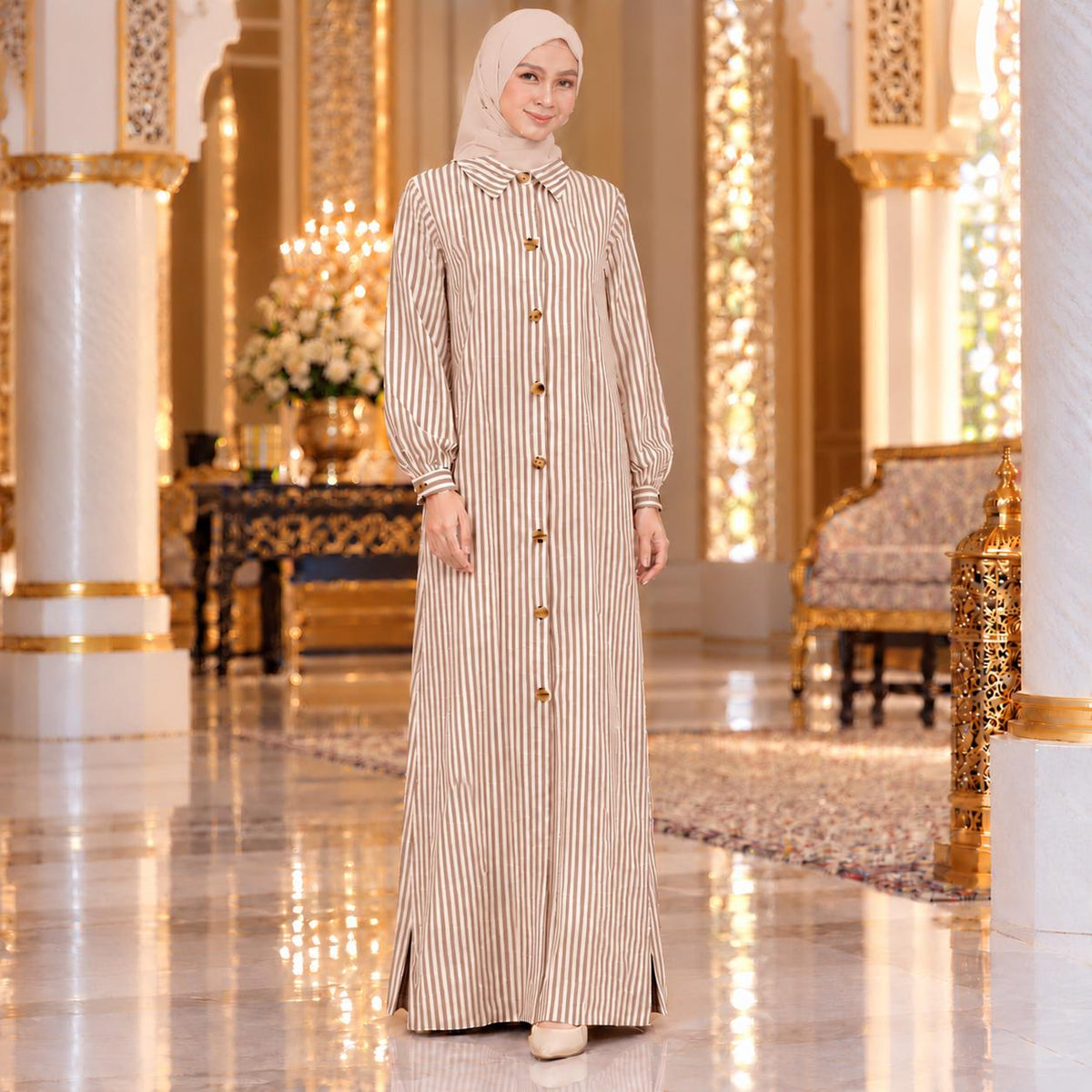 ALEENA Jubbah Stripe Button Collared - Jubah Kemeja Jalur Butang Hadapan Lengan Panjang - Modest Fashion Wanita Muslimah