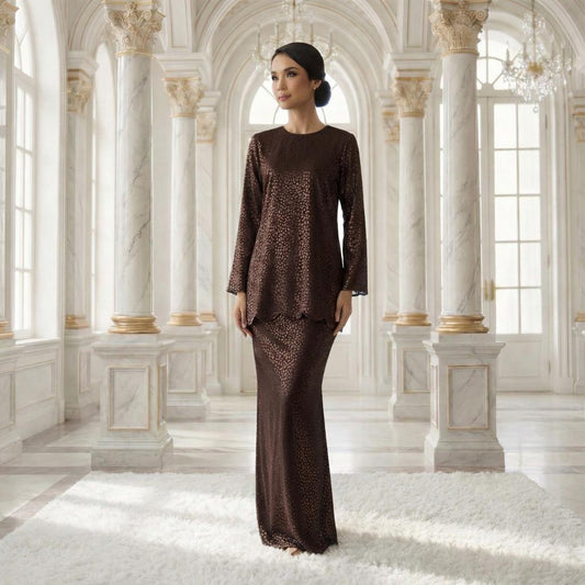 Aryana  Mini Kurung Royal Satin Dot Embossed (Rich Brown)