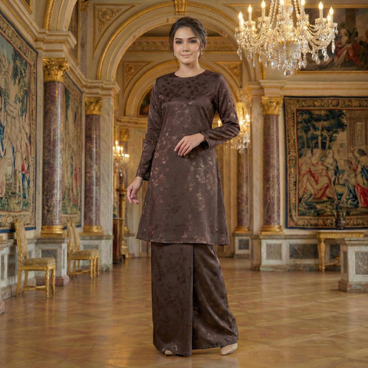 Asyana Kurung Riau Royal Satin Embossed Flowers (Rich Brown)