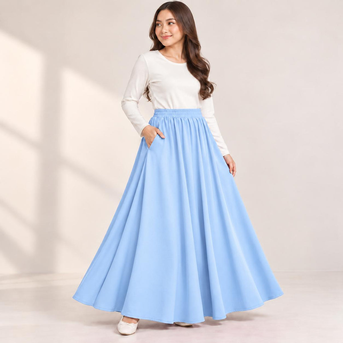 AINA Maxi Skirt – Skirt Labuh Kembang Pinggang Getah – Long Flowy Skirt Modest Fashion Wanita Muslimah