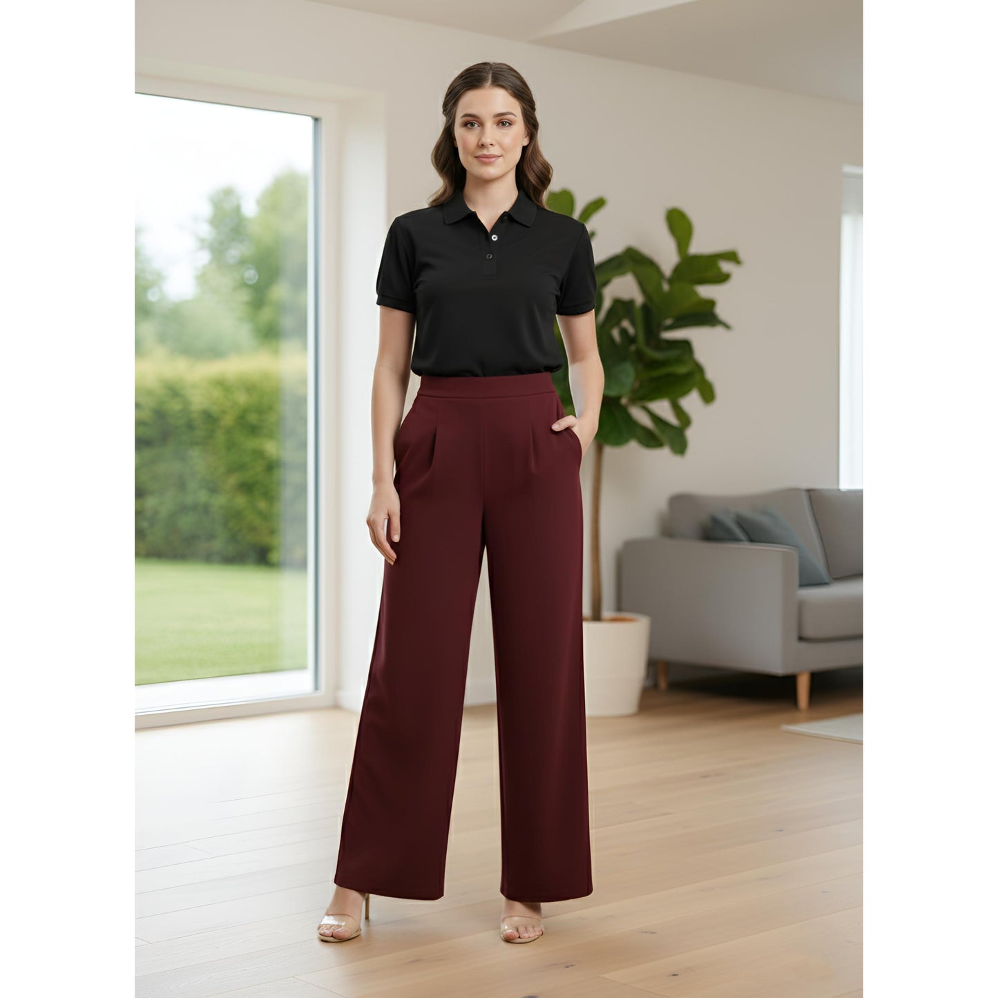 Palazo Wide Leg Pants Peacock Premium (Maroon)