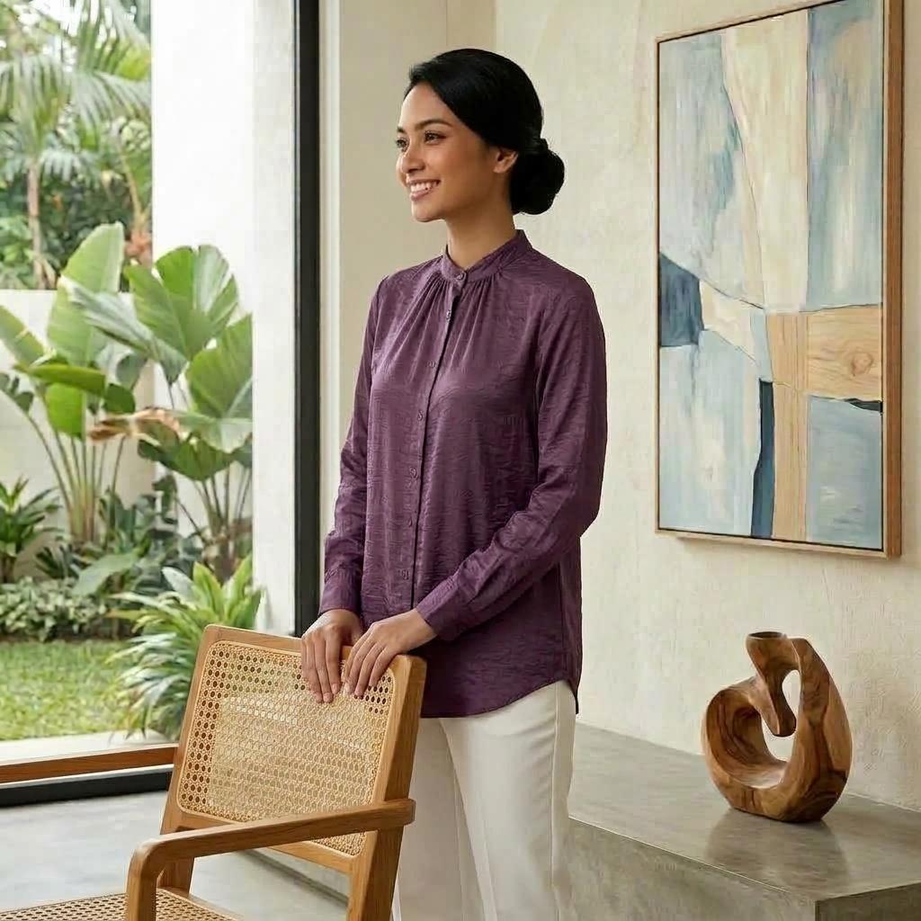 Lovito Elegant Blouse Button - Blouse Muslimah Ironless Vallisse Satin - Labuh Longgar Moden Casual Office Daily Wear