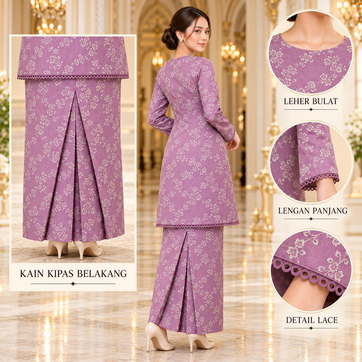 SEROJA Kurung Riau Floral – Baju Kurung Wanita Lace Lengan Panjang Kain Kipas Belakang – Modest Fashion Muslimah