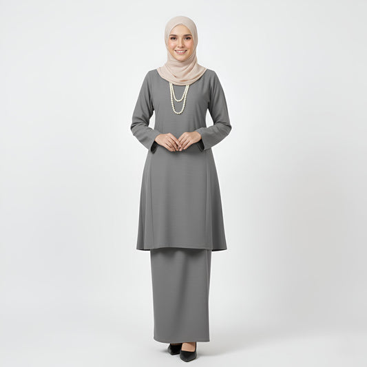Baju Kurung Pahang Pesak (Silver) Plain Cotton Crepe Ironless