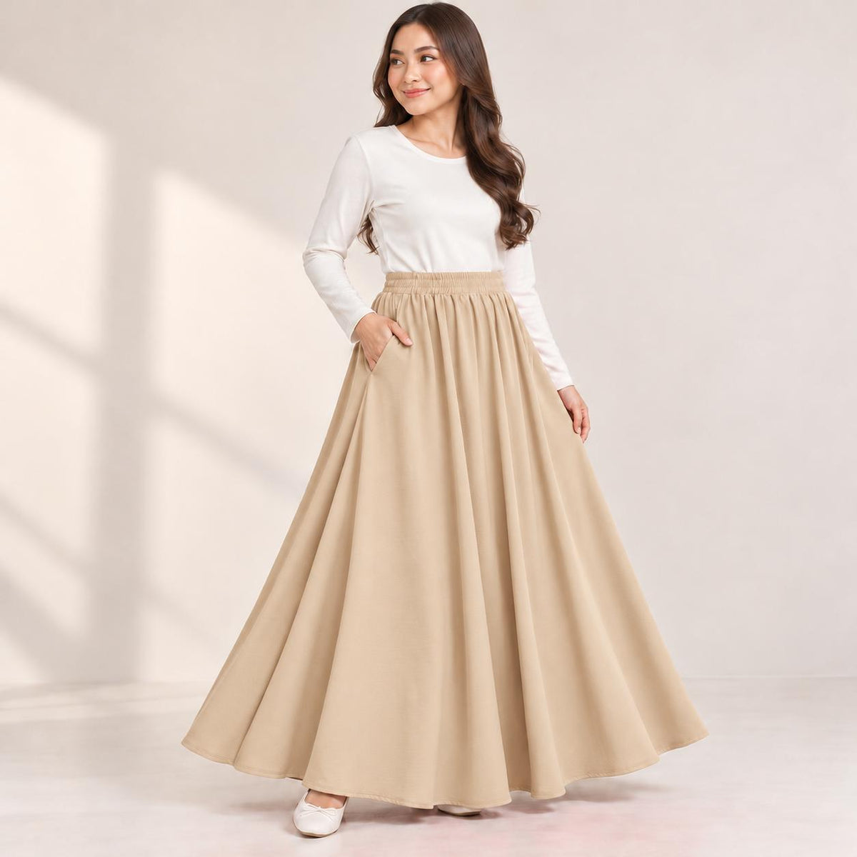 AINA Maxi Skirt – Skirt Labuh Kembang Pinggang Getah – Long Flowy Skirt Modest Fashion Wanita Muslimah