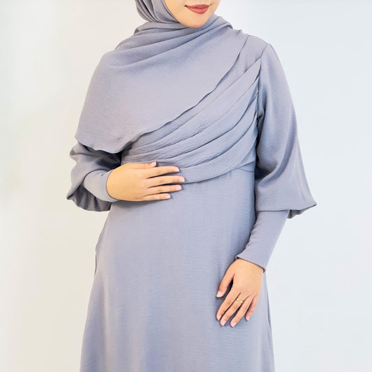Dress Set Tudung Full Sleeve O Neck Plain Dress Muslimah Fashion Wanita Muslimah