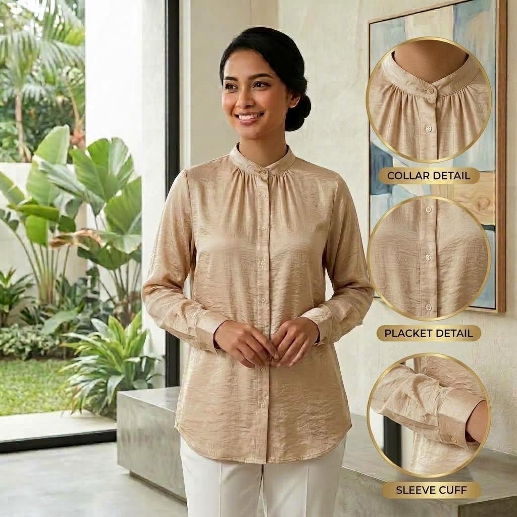 Lovito Elegant Blouse Button - Blouse Muslimah Ironless Vallisse Satin - Labuh Longgar Moden Casual Office Daily Wear
