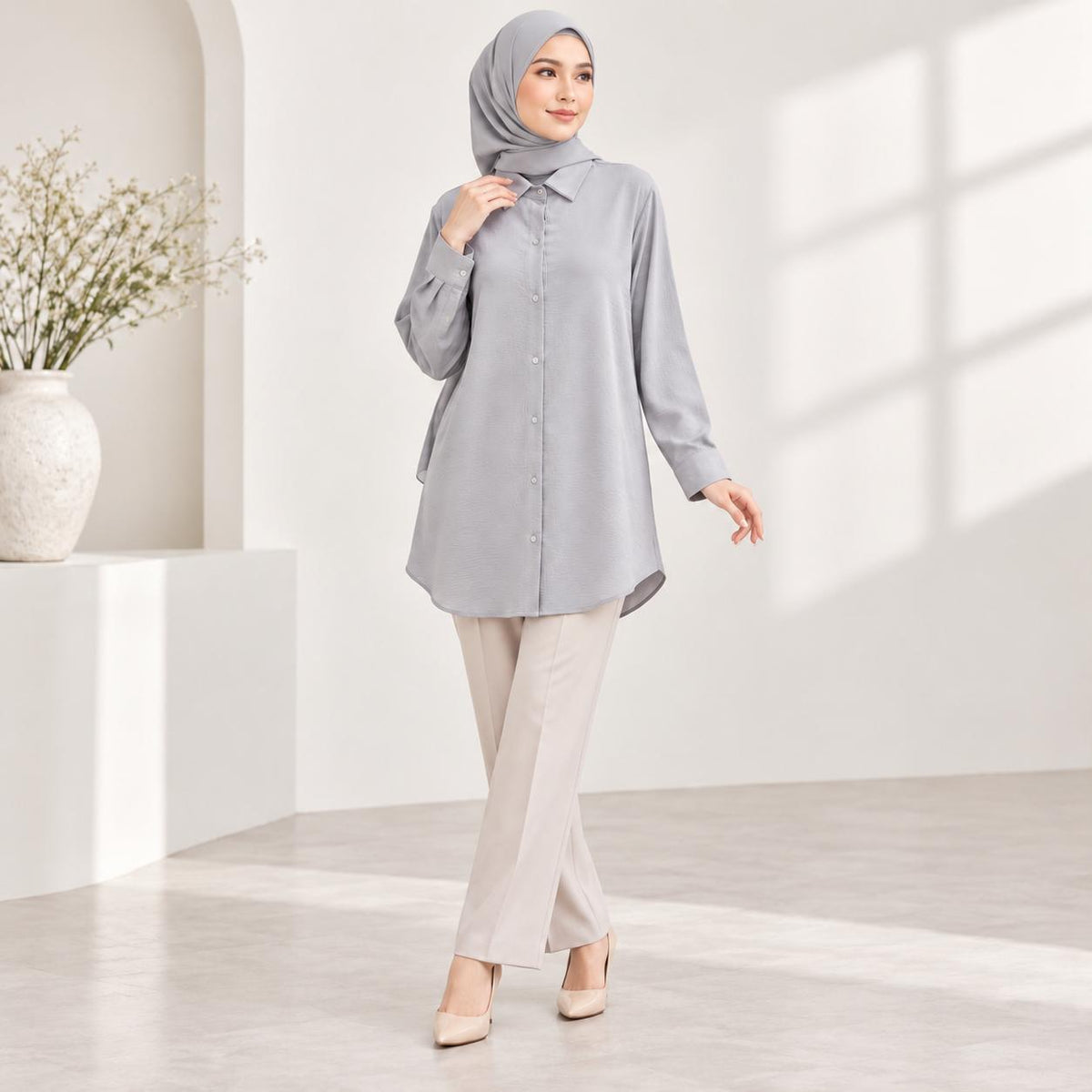 LANA Blouse Long Sleeves Kemeja Kolar With Front Buttons - Material CEY - Modest Fashion Wanita