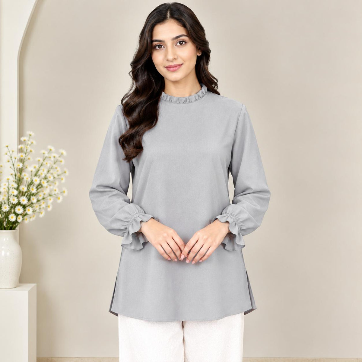LYANA Ruffle Blouse – Blouse Wanita Leher Ropol Lengan Panjang Zip Belakang – Modest Fashion Muslimah