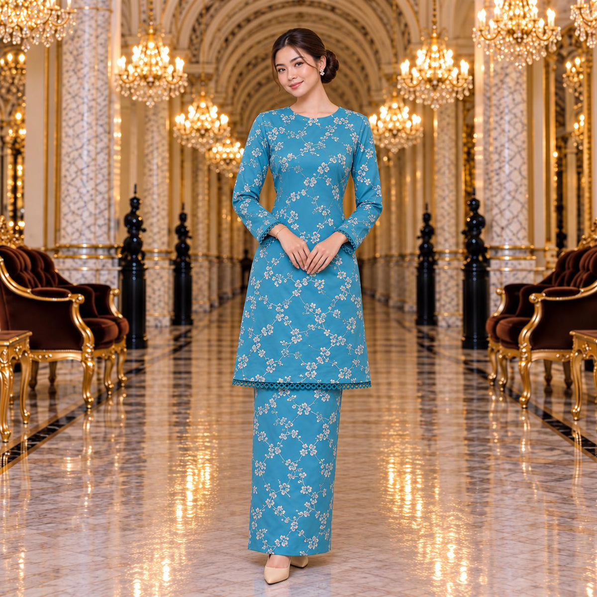 SEROJA Kurung Riau Floral – Baju Kurung Wanita Lace Lengan Panjang Kain Kipas Belakang – Modest Fashion Muslimah