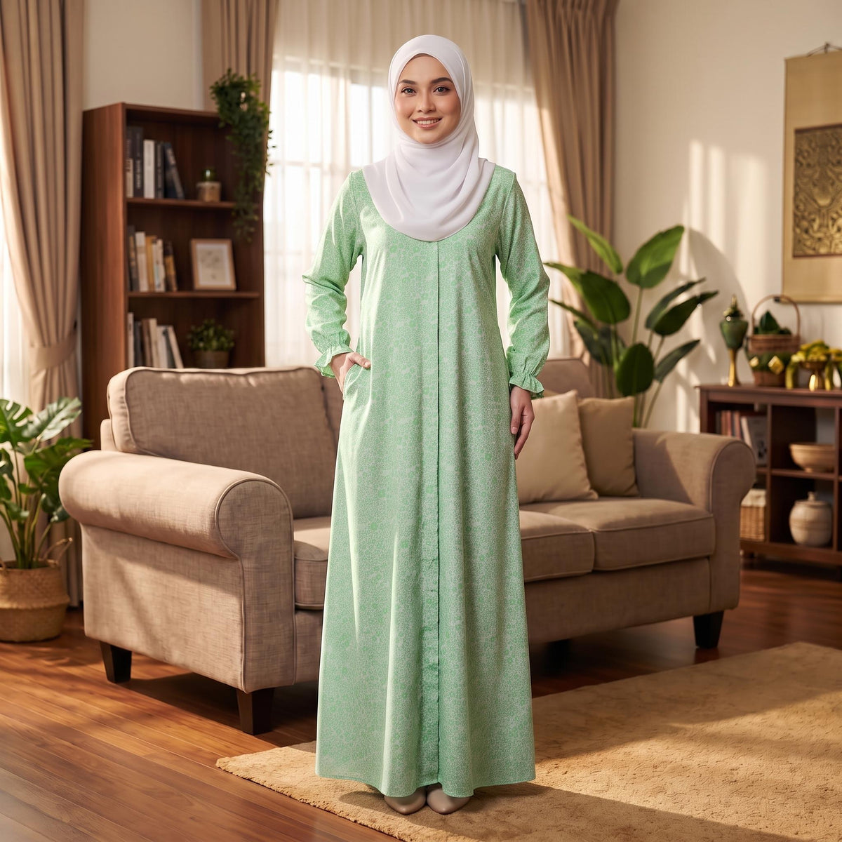 LARISA Jubbah Floral - Satin Sutera Vietnam - Side Pocket - Casual Wear Fashion Wanita Muslimah
