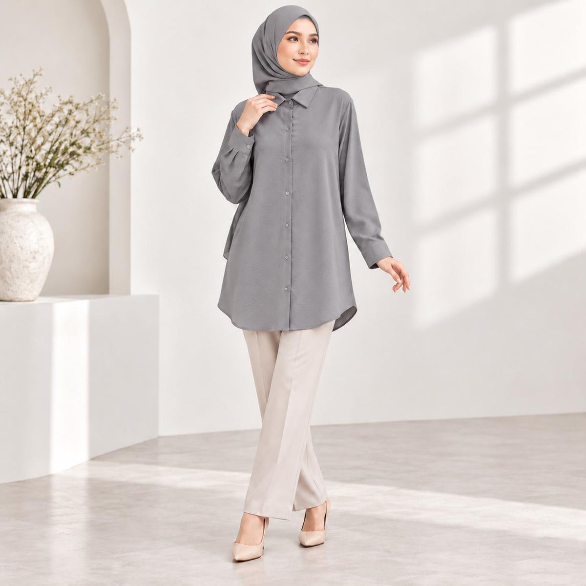 LANA Blouse Long Sleeves Kemeja Kolar With Front Buttons - Material CEY - Modest Fashion Wanita