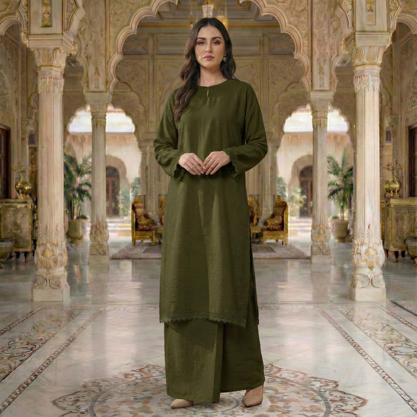 Rembayung Kurung Soft Cotton With Lace (Olive Green)