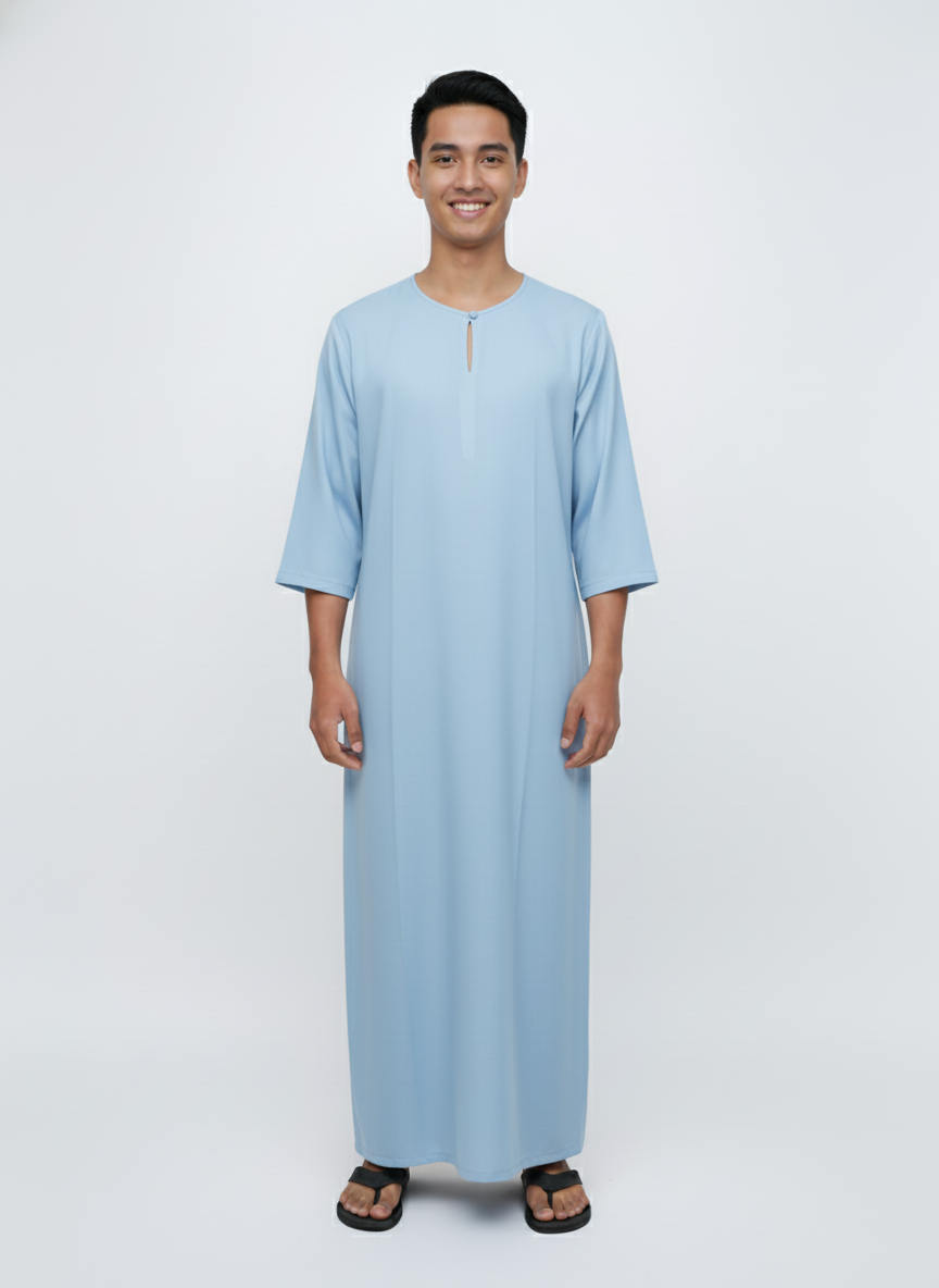 Jubah Lelaki Lengan Pendek Round Neck One Button 3/4 Sleeve (Baby Blue)