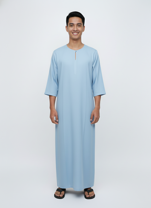 Jubah Lelaki Lengan Pendek Round Neck One Button 3/4 Sleeve (Baby Blue)