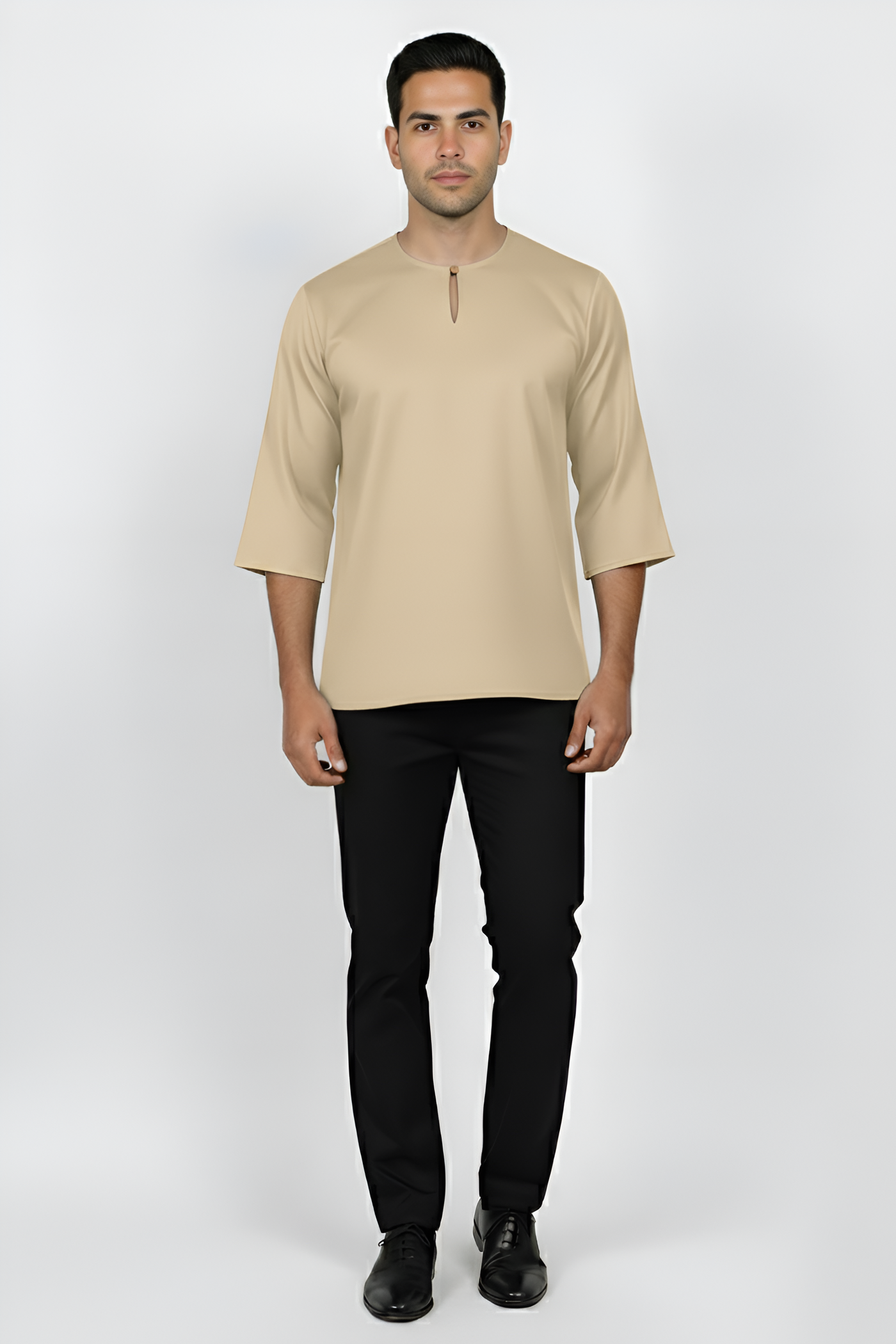 Kurta Lelaki Dewasa Tiga Suku Premium Crepe Dengan Wooded Button (Beige)