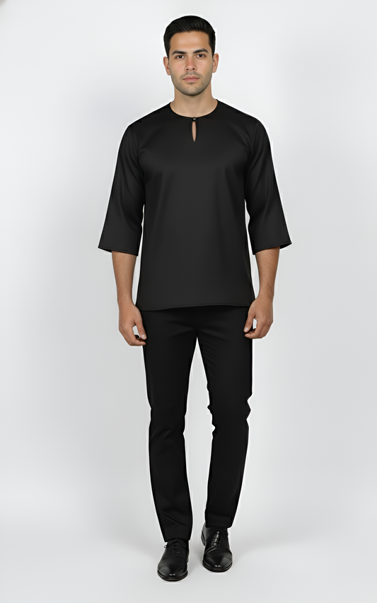 Kurta Lelaki Dewasa Tiga Suku Premium Crepe Dengan Wooded Button (Black)