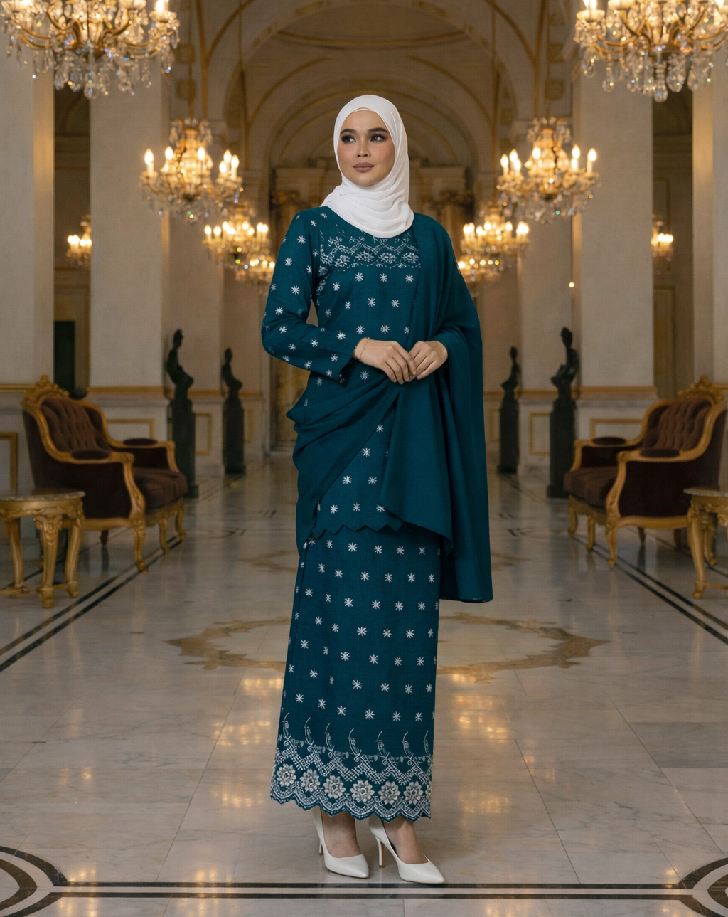Elora Kurung Moden Mom Cotton Embroidery (Teal Blue)