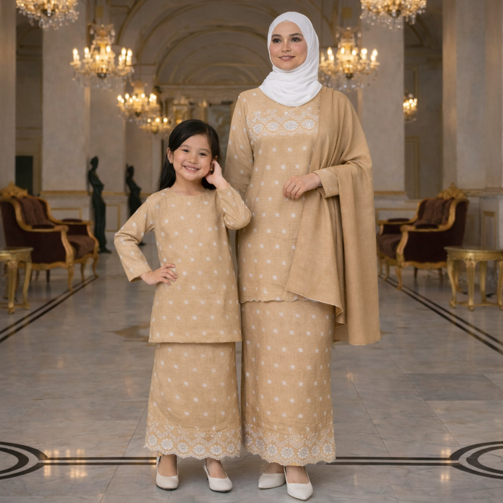 Elora Kurung Moden Kid Cotton Embroidery (Beige)