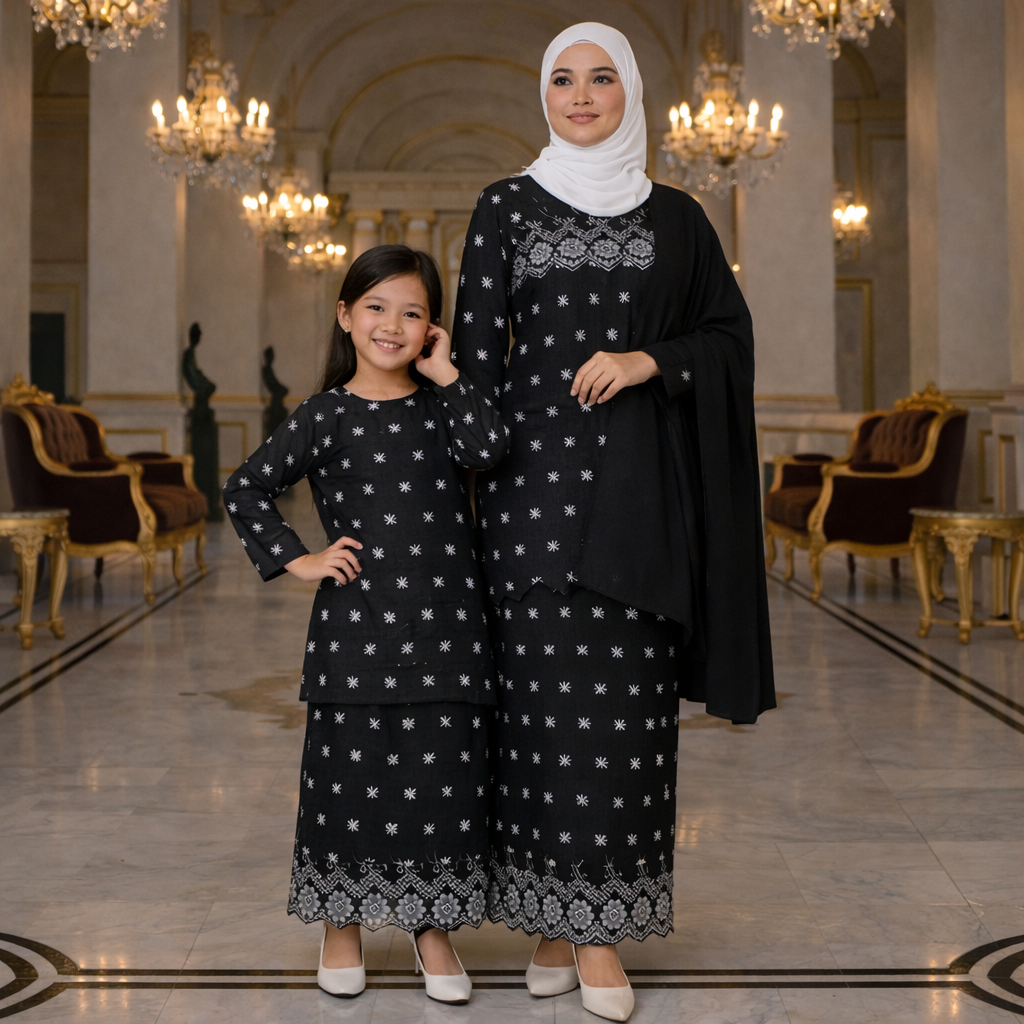 Elora Kurung Moden Kid Cotton Embroidery (Black)
