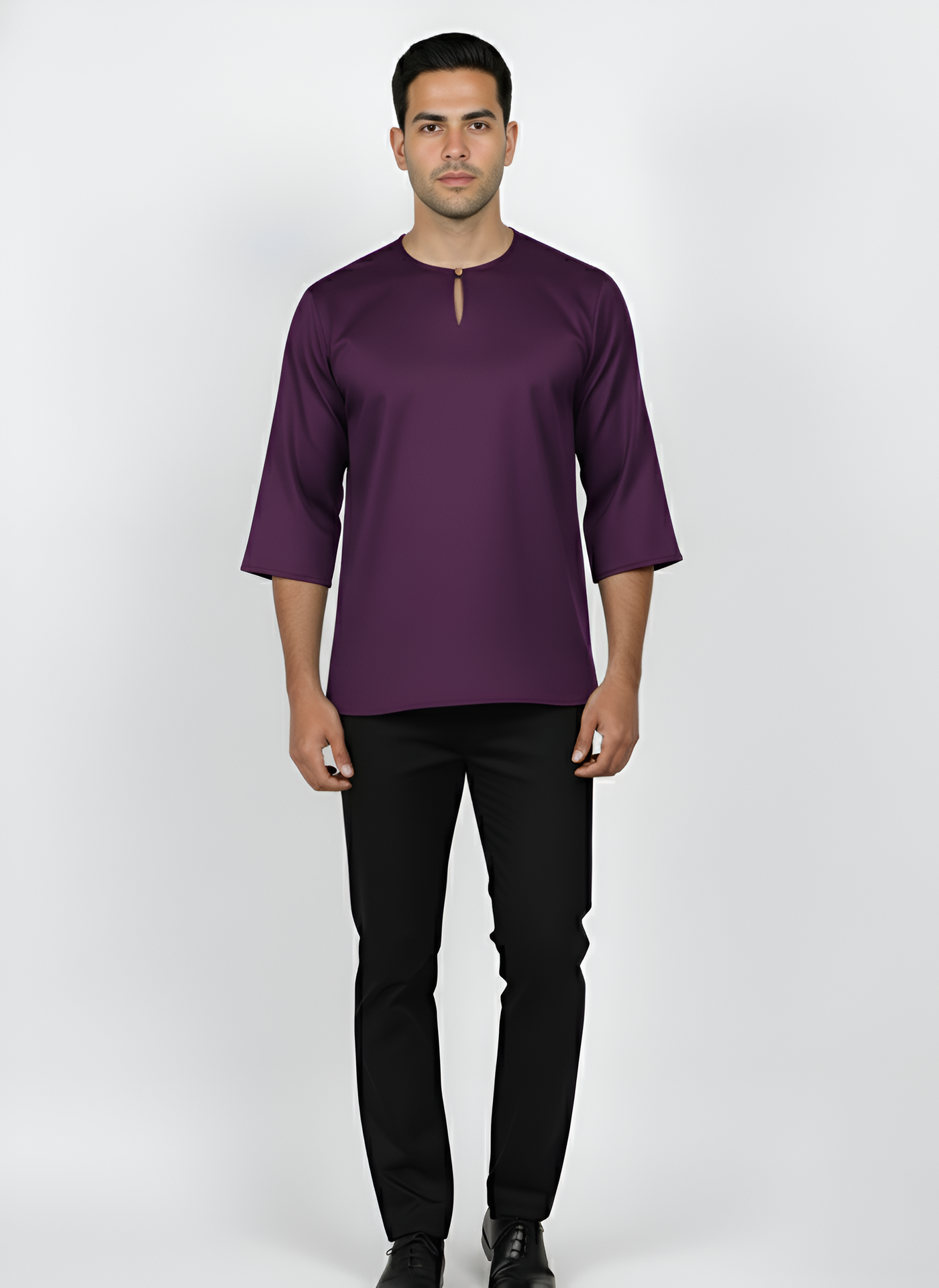Kurta Lelaki Dewasa Tiga Suku Premium Crepe Dengan Wooded Button (Dark Purple)