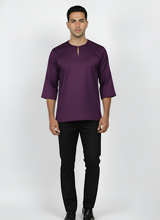 Kurta Lelaki Dewasa Tiga Suku Premium Crepe Dengan Wooded Button (Dark Purple)