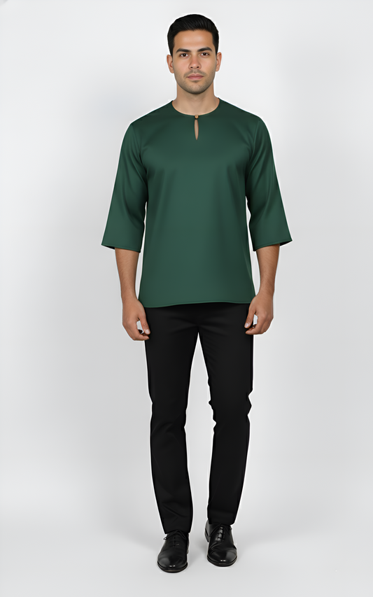 Kurta Lelaki Dewasa Tiga Suku Premium Crepe Dengan Wooded Button (Emerald Green)