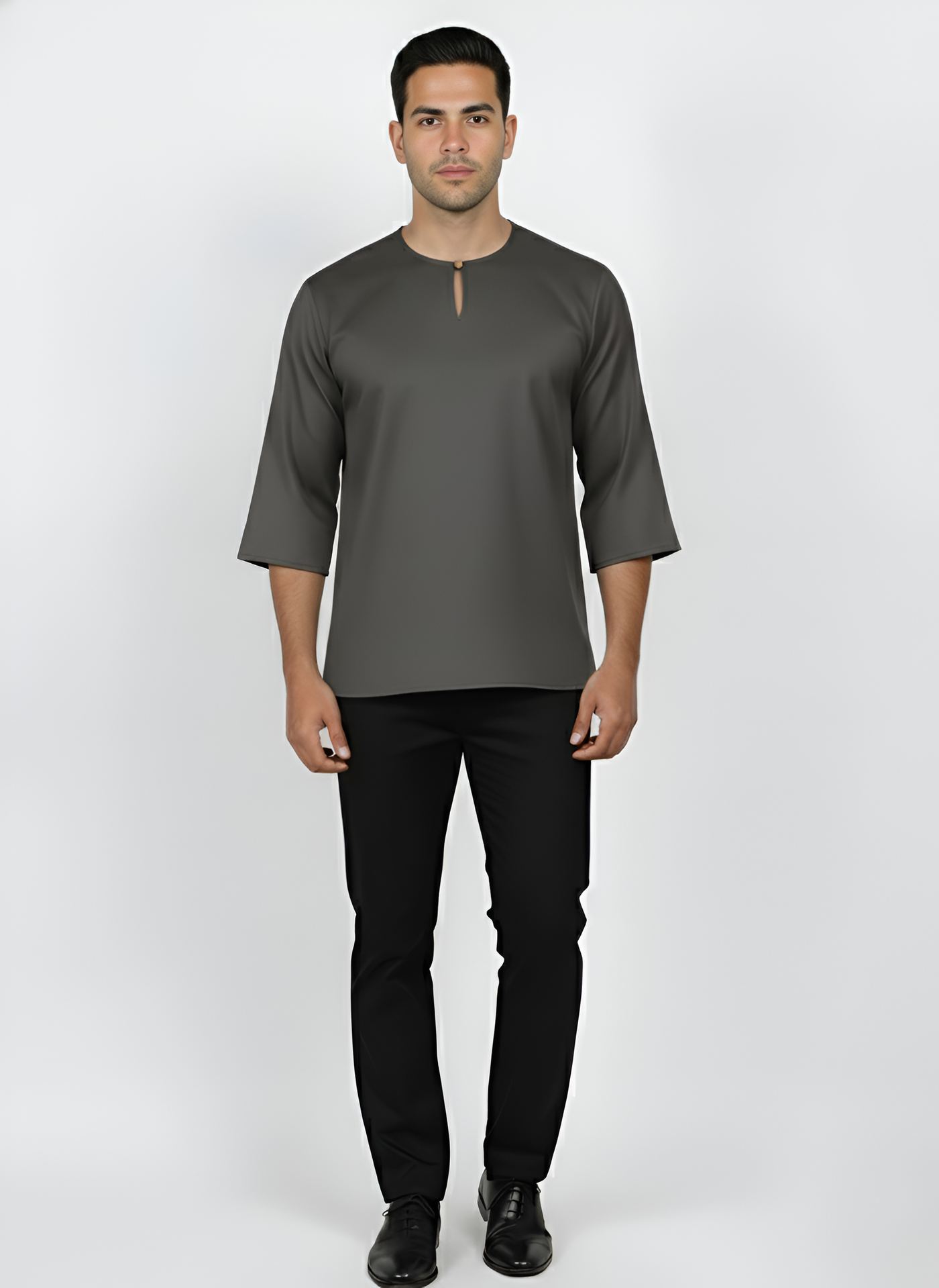 Kurta Lelaki Dewasa Tiga Suku Premium Crepe Dengan Wooded Button (Grey)