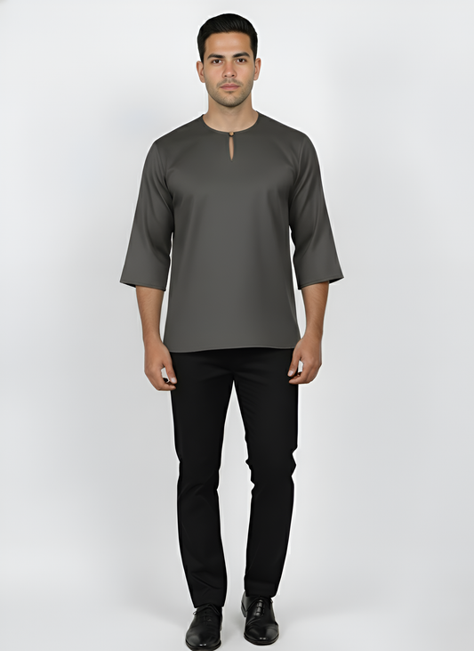 Kurta Lelaki Dewasa Tiga Suku Premium Crepe Dengan Wooded Button (Grey)