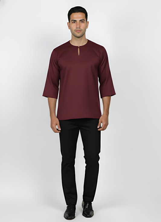 Kurta Lelaki Dewasa Tiga Suku Premium Crepe Dengan Wooded Button (Maroon)