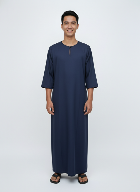 Jubah Lelaki Lengan Pendek Round Neck One Button 3/4 Sleeve (Navy Blue)