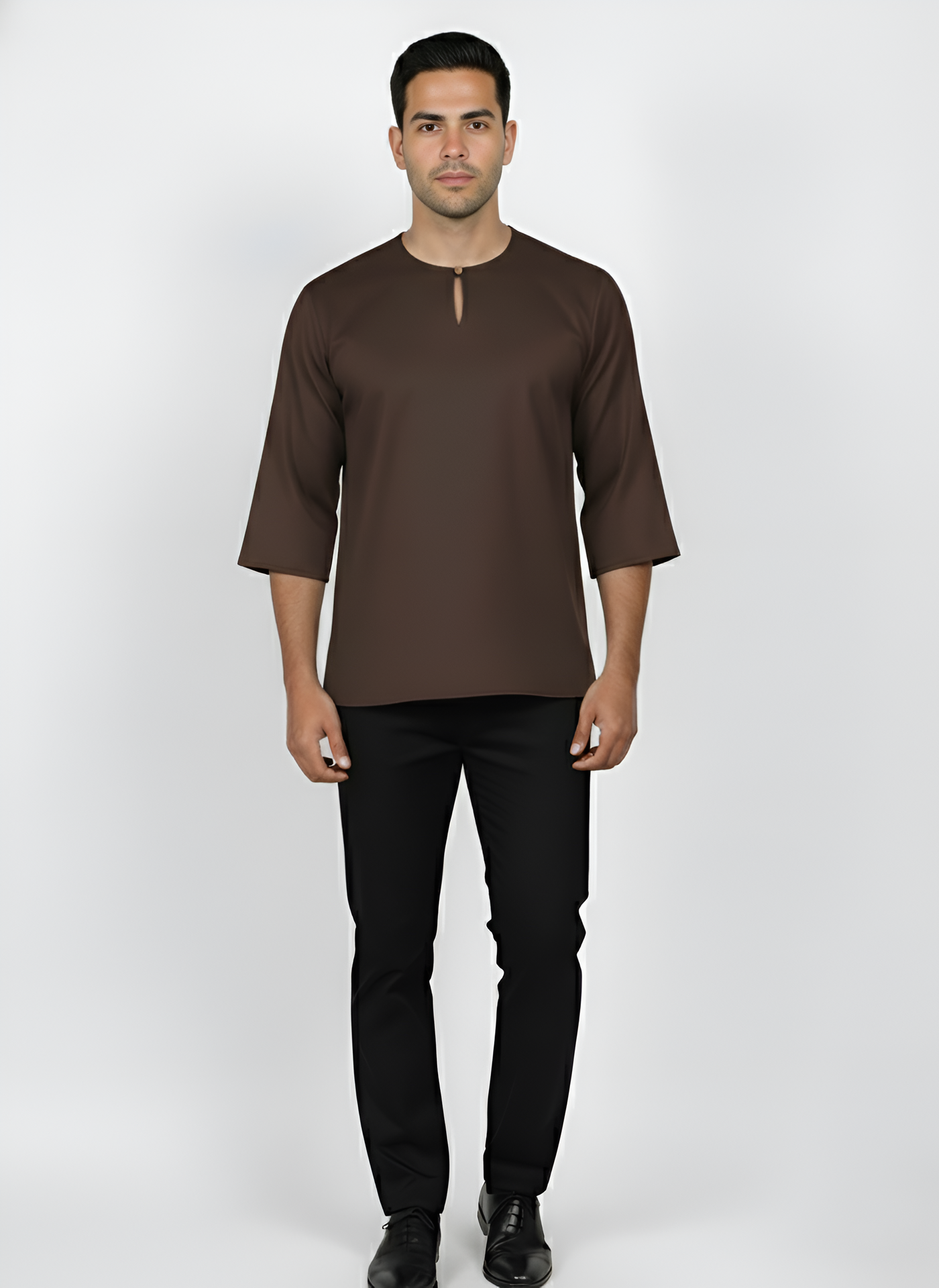 Kurta Lelaki Dewasa Tiga Suku Premium Crepe Dengan Wooded Button (Rich Brown)