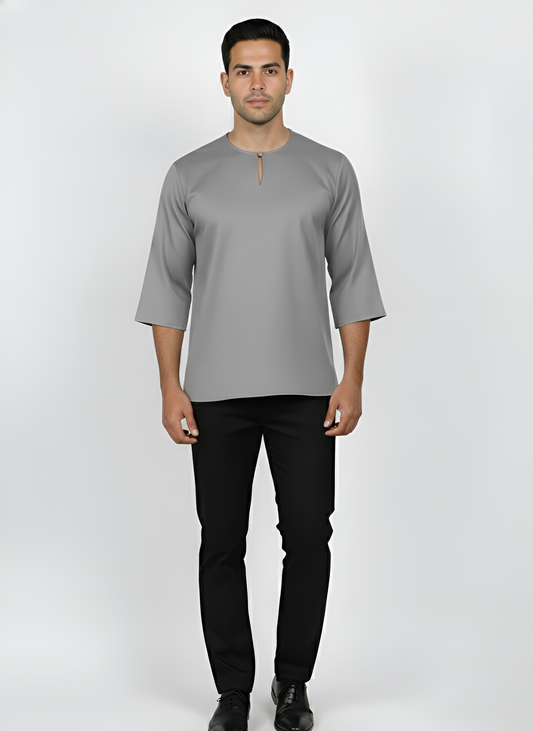 Kurta Lelaki Dewasa Tiga Suku Premium Crepe Dengan Wooded Button (Silver)