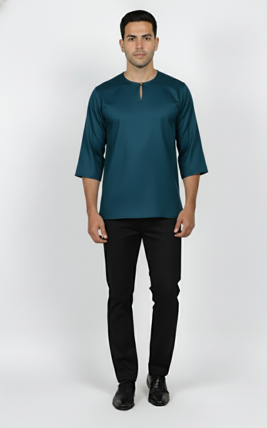 Kurta Lelaki Dewasa Tiga Suku Premium Crepe Dengan Wooded Button (Teal Blue)